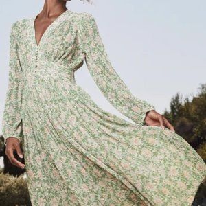 Green Floral Print Pleated Dress